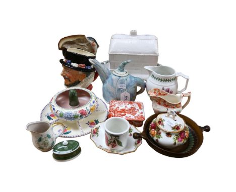 2 large Royal Doulton character jugs - Beefeater and the Poacher, Heinzel teapot, cottage design ceramic box, Portmeirion jug