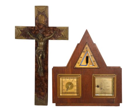 A 1930s Italian combination aneroid barometer, in Art Deco style, and a wooden crucifix with brass fittings, H36cm (2)