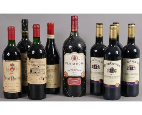 Nine mixed bottles of vintage red wine, to include 1985 Chateau Haute-Marzbuzet, 1992 Sain Emilion, Roc De Chevaliers 2014 Bo