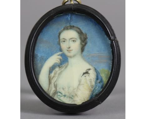 Attributed to THOMAS WORLIDGE of Bath (1700-1766) A portrait miniature of a lady, circa 1750, 4.2cm x 3.5cm (oval, on ivory; 