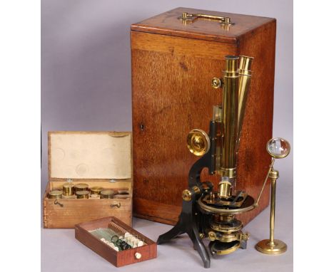 A J Swift &amp; Son lacquered brass compound binocular microscope on patinated bronze stand, signed “J. Swift &amp; Son, 81, 