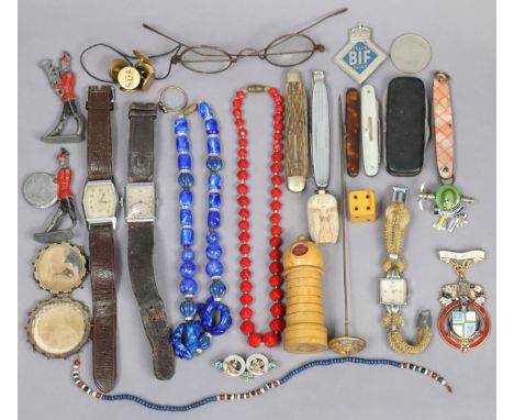 Three vintage wristwatches; six pocketknives; various items of costume jewellery, etc.