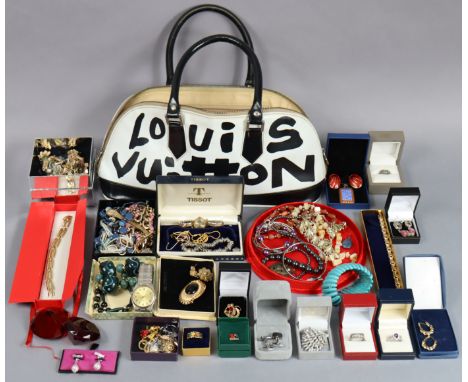 Various items of costume jewellery; &amp; a replica Louis Vuitton handbag. 