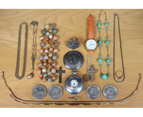 A vintage half-hunter pocket watch in a silver case (hallmarks rubbed); together with a yellow-metal dress ring; various item
