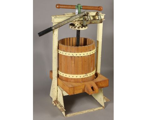 A vintage yellow painted cast-iron &amp; wooden cider-press, 46cm wide x 93cm high.