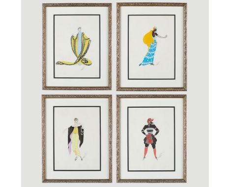 Erte (Romain de Tirtoff) (French, 1892-1990). Group of four paintings in gouache on paper depicting women in fashionable Art 