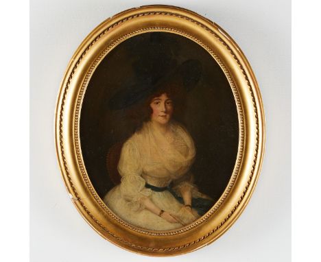 18th/19th c. English School half-length portrait of a woman, oil on oval shaped canvas. The sitter is depicted in diaphanous 
