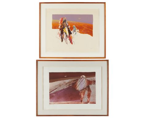 Veloy Vigil (American, 1931-1997). Group of two color lithographs on paper titled "Autumn Song" and "Carried by the Wind," de