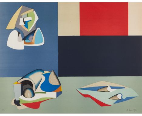 Jean Helion (French, 1904-1987). Modernist cubist abstract print on paper titled "Composition." Pencil signed and dated 1975 