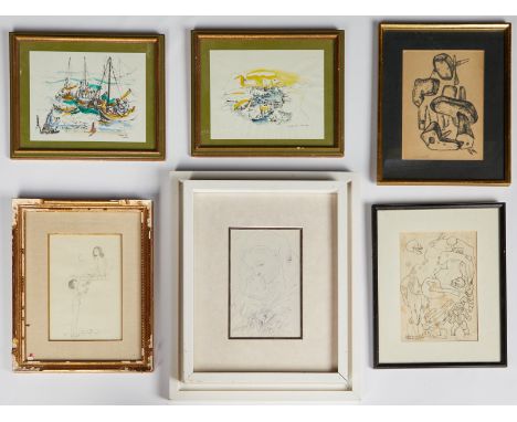 Group of six framed artworks. Includes one Pablo Picasso (Spanish, 1881-1973) print depicting a mother and child, two landsca