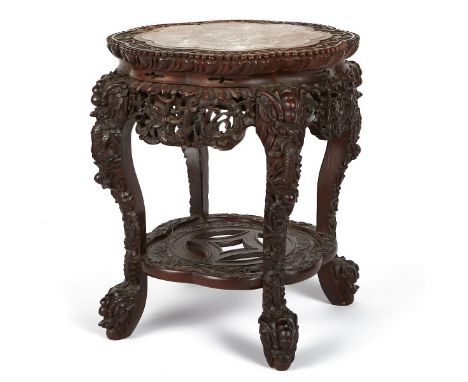 Small Chinese export side table with a profusely carved rosewood base, with cabriole legs, a skirt with pierced scrolling dec