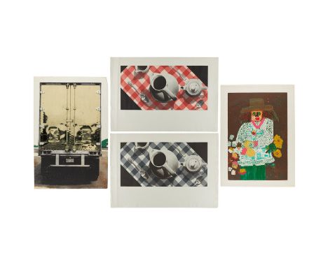Group of four contemporary prints. Two prints depicting a coffee service on a checkered tablecloth, one in grayscale and one 