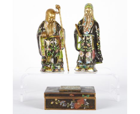 Group of three Chinese cloisonne pieces. Includes one box, decorated with floral motifs. The lid is set with a carved jade pl