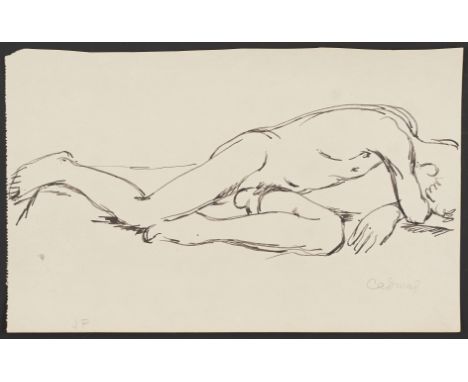Paul Cadmus (American, 1904-1999). Ink sketch on paper depicting a male nude slumped over, leaning his head against his hands