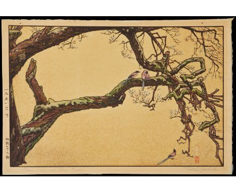 Toshi Yoshida (Japanese, 1911-1995). Woodblock print titled "Plum Tree with Magpie," depicting a pair of magpies perched on t