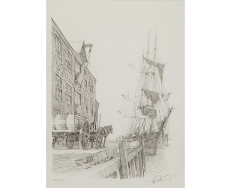 John Stobart (American, b. 1929). Lithograph on paper titled "The Pier," depicting a horse drawn cart approaching a ship anch