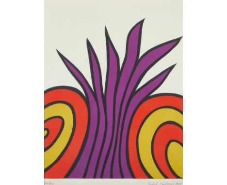 Nicholas Krushenik (American, 1929-1999). Geometric abstract screenprint on paper titled "James Bond Meets Pussy Galore," fro