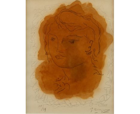 Georges Braque (1882-1963). Lithograph in black and gray with hand-applied varnish titled "Tete de Jeune Fille." 1951. Signed