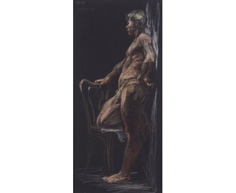 Paul Cadmus (American, 1904-1999). Crayon drawing on paper titled "Nude by Night Light," depicting a male nude resting his kn