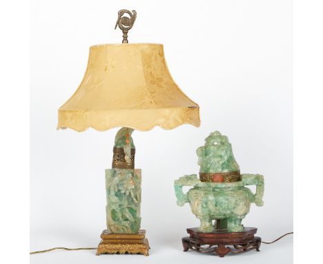 Group of two green quartz lamps on wooden stands. One in the form of a tripod censer with a lid; the other with a rectangular