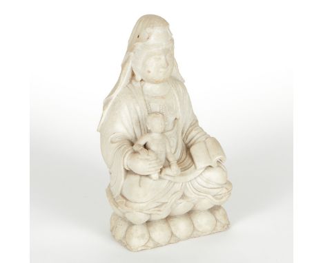 20th c. Chinese carved stone sculpture of Guanyin with a baby, Songzi or Child-giving Guanyin. Delicately carved, Guanyin is 