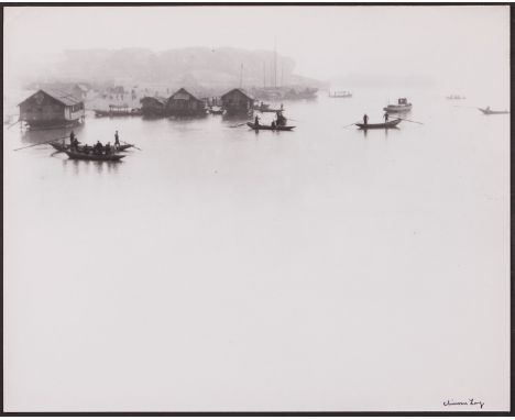 Chin San Long (Lang Jingshan) (Chinese, 1892-1995). Photograph titled "To Anchor at Even Tide," depicting a misty harbor scen