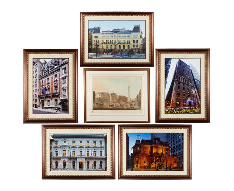 Group of six framed works including five photographs and one print depicting the facades of buildings and city scenes. With o