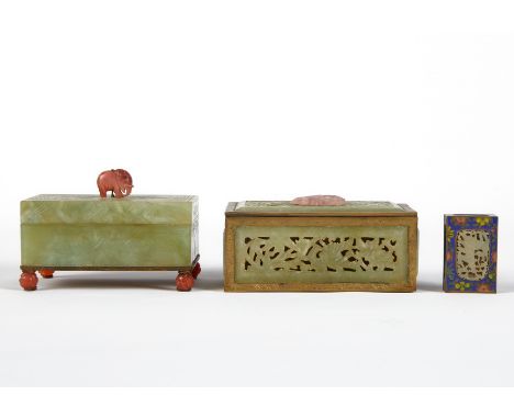 Group of three small boxes. Two serpentine boxes; one with a coral elephant finial and coral feet, and the other with pierced