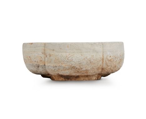 Chinese early Ming carved marble planter. In a four lobed form, decorated along the sides with graceful tree branches, bearin