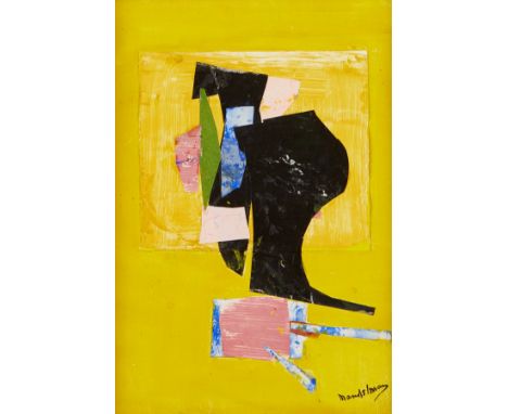 Beatrice Mandelman (American, 1912-1998). Mixed media collage on canvas titled "The Mermacolian" depicting brightly colored s