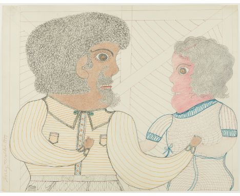Inez Nathaniel Walker (American, 1911-1990). Drawing titled "A Man and A Woman," 1977, depicting two figures in profile facin