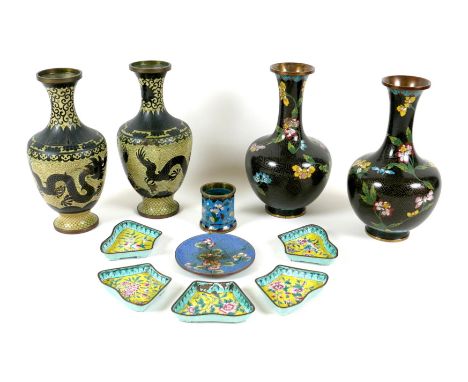 A group of Chinese cloisonne enamel vases and enamelled dishes, comprising two pairs of baluster form vases, largest 23cm hig