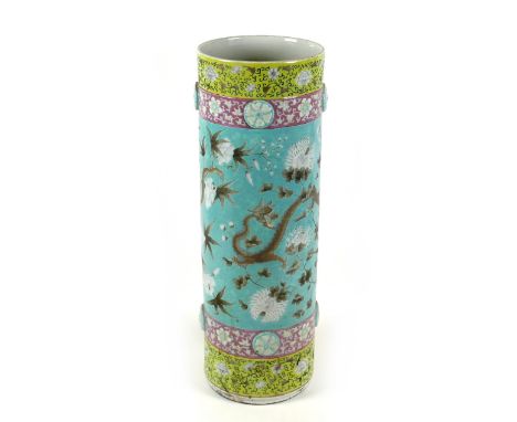A Chinese porcelain cylindrical vase, late 19th century, used as a stick stand, a/f base missing, damaged and repaired, decor