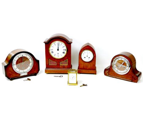 A French Brevette brass carriage clock, 8 by 7 by 12cm high, together with four other clocks, including bracket clocks and tw