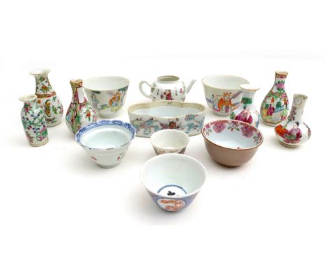 A collection of Chinese ceramics, comprising a four lobed trinket box base, 12.2 by 7.2 by 3.8cm high, five miniature bottle 