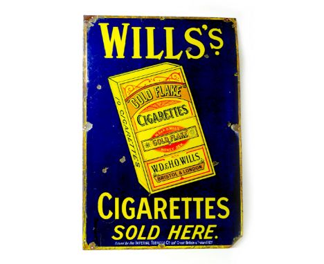 A vintage Will's Cigarettes enamel sign, 91.5 by 61cm.Some rust to edges and throughout back. 