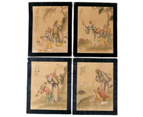 A set of four Chinese paintings on linen, early 20th century, depicting Chinese figures at various pursuits, inscribed upper 