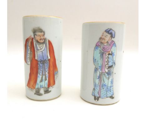 A pair of Chinese porcelain sleeve vases, early to mid 20th century, decorated in Kangxi style with figures, bears red seal m