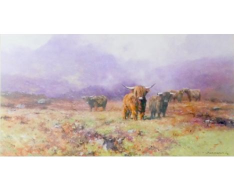After David Shepherd (British, 1931-2017): 'Highland Cattle' limited edition signed print, numbered, 40 by 76cm, mounted, gla