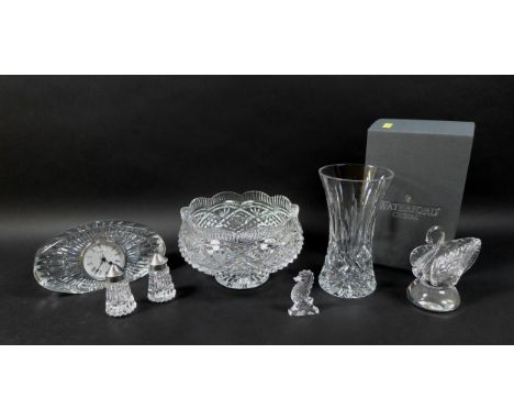 A group of Waterford Crystal items, including a flared trumpet shaped vase, with box, 18cm high, a footed bowl, with scallope