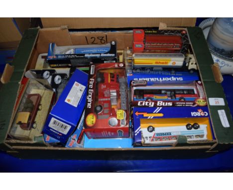 GROUP OF VARIOUS TOY CARS INCLUDING A FIRE ENGINE, CHAD VALLEY LONDON BUS, SHELL OIL TANKER ETC