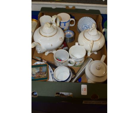 BOX CONTAINING CERAMICS INCLUDING 19TH CENTURY TEA POT, SUCRIER AND COVER