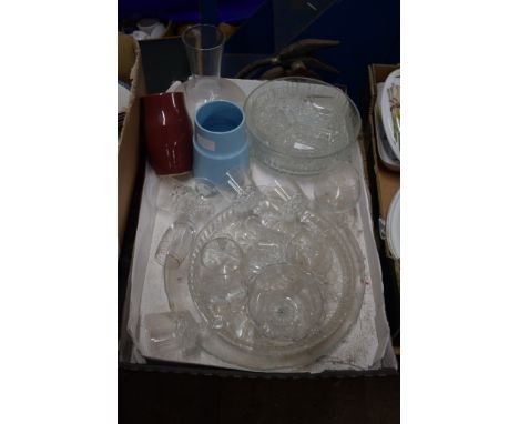 BOX CONTAINING QUANTITY OF CUT GLASS WARE AND TWO CERAMIC VASES
