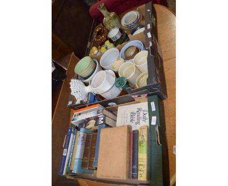 THREE BOXES OF VARIOUS CLEARANCE SUNDRIES INCLUDING BOOKS, CERAMIC VASES ETC