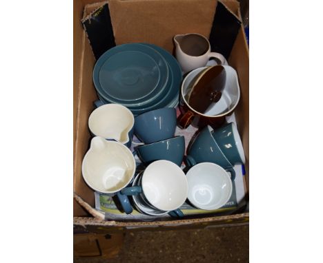 BOX OF CERAMIC ITEMS INCLUDING A POOLE POTTERY BLUE GLAZED TEA SET