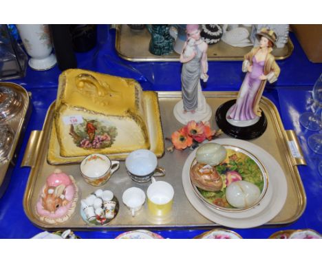 TRAY CONTAINING CERAMIC ITEMS INCLUDING TWO FIGURES, A CHEESE DISH AND COVER