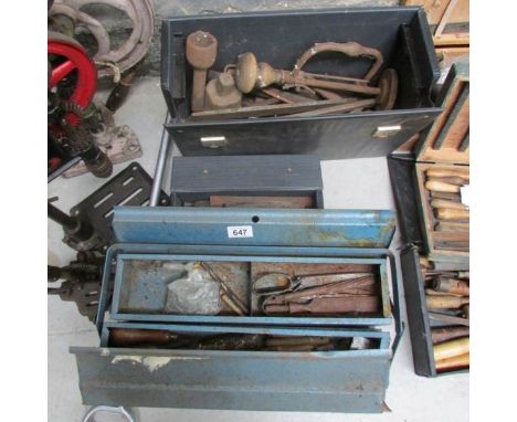A metal tool box and contents together with 2 cases of vintage tools and sharpeners