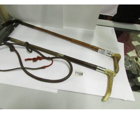 A riding crop with silver collar and horn handle and a 6ft horse whip