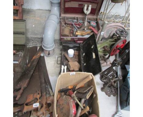 A tin tool box and contents, a case of tools and a box of tools