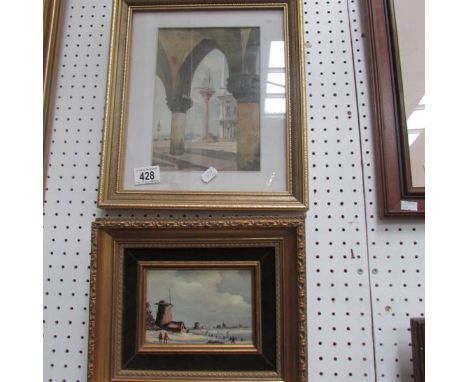 A framed and glazed print and a gilt framed windmill scene